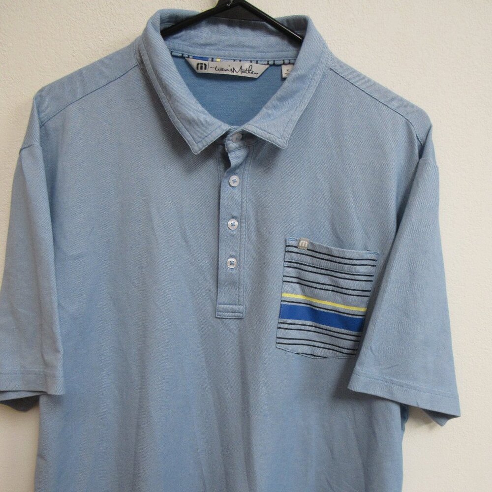 Travis Mathew Men's Blue XL Polo Shirt Pima Cotton Blend Stretch Striped Pocket
